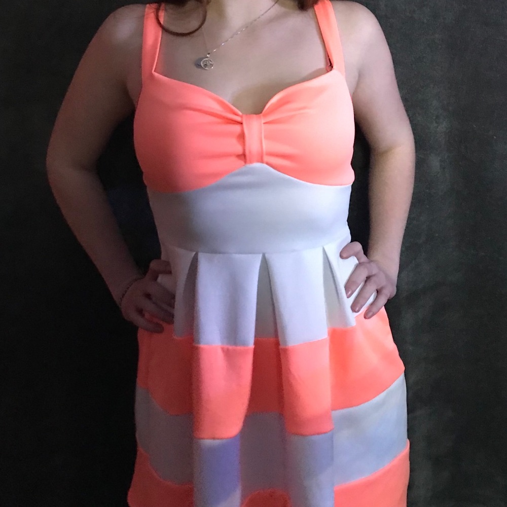 Coral and white mid thigh length dress